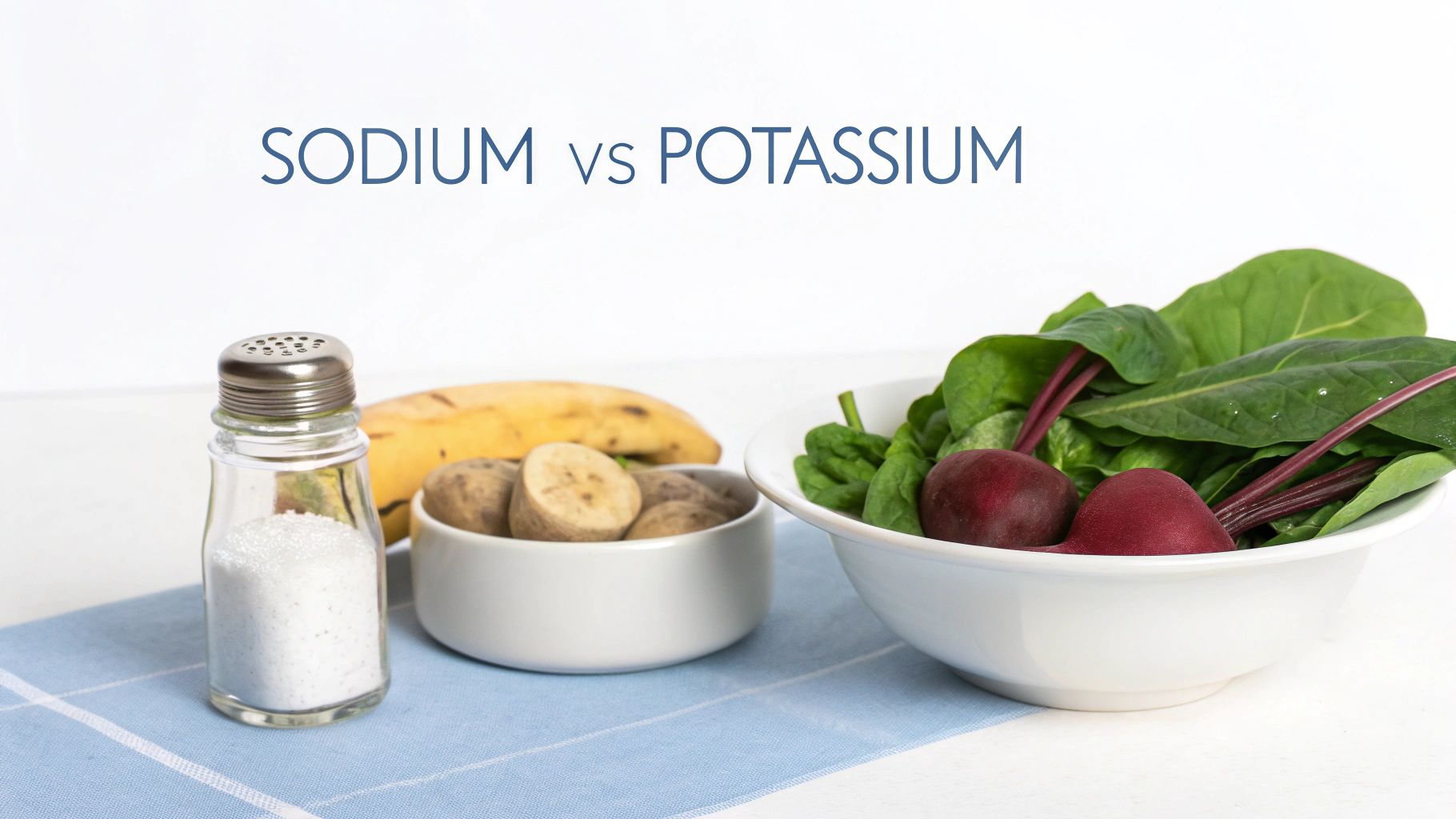 Salt shaker representing sodium next to potassium-rich foods: bananas, potatoes, spinach, and beets.