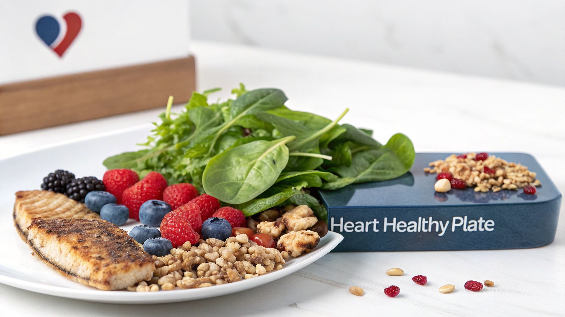 A nutritious heart-healthy meal for lowering blood pressure, including salmon, berries, greens, and a grain-nut mix.