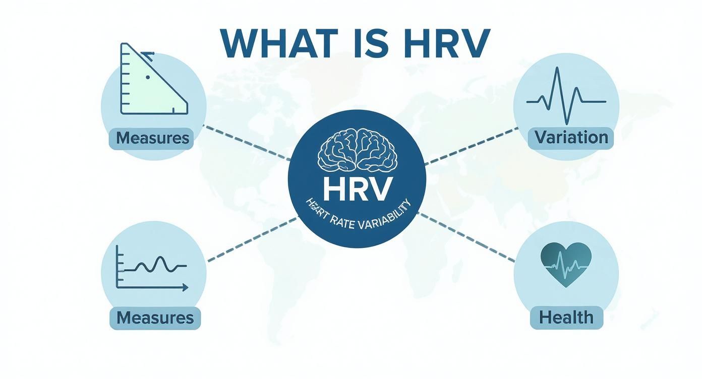 Infographic explaining Heart Rate Variability (HRV) through its measures, variation, and health implications.