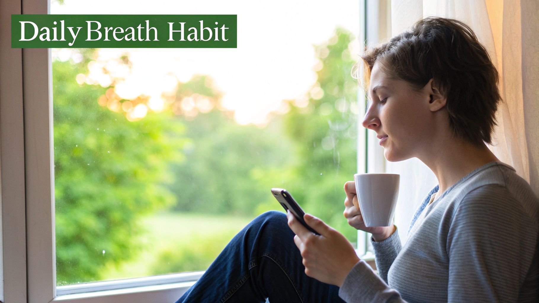 A woman by a sunlit window practices her daily breath habit, holding a mug and phone.