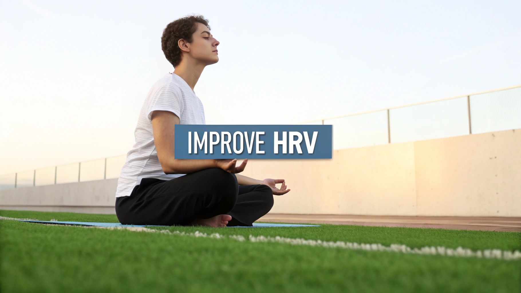 A person meditating outdoors on a yoga mat on artificial grass, with text 'IMPROVE HRV' promoting heart health.