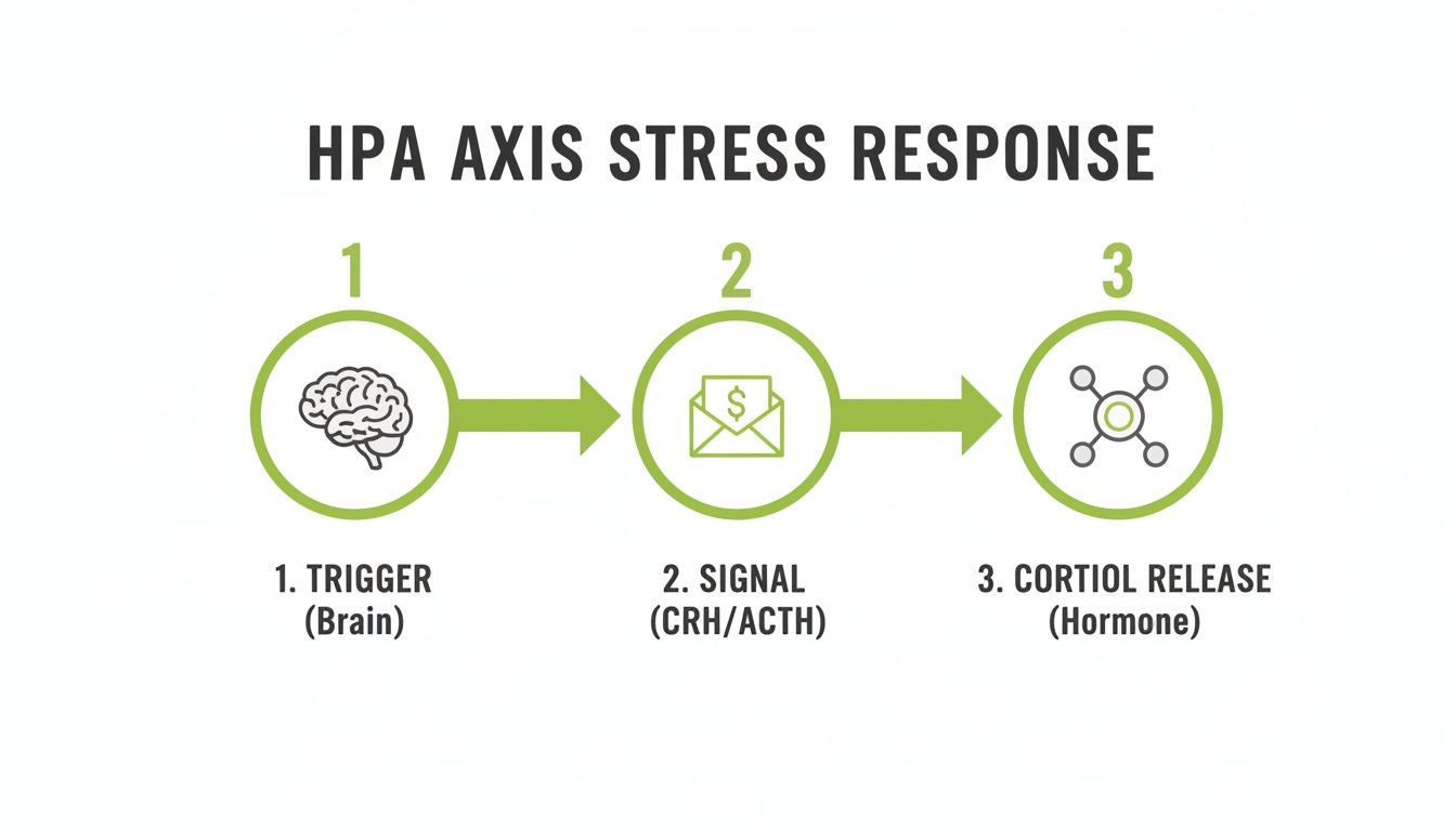 Diagram illustrating the three steps of the HPA axis stress response leading to cortisol release.
