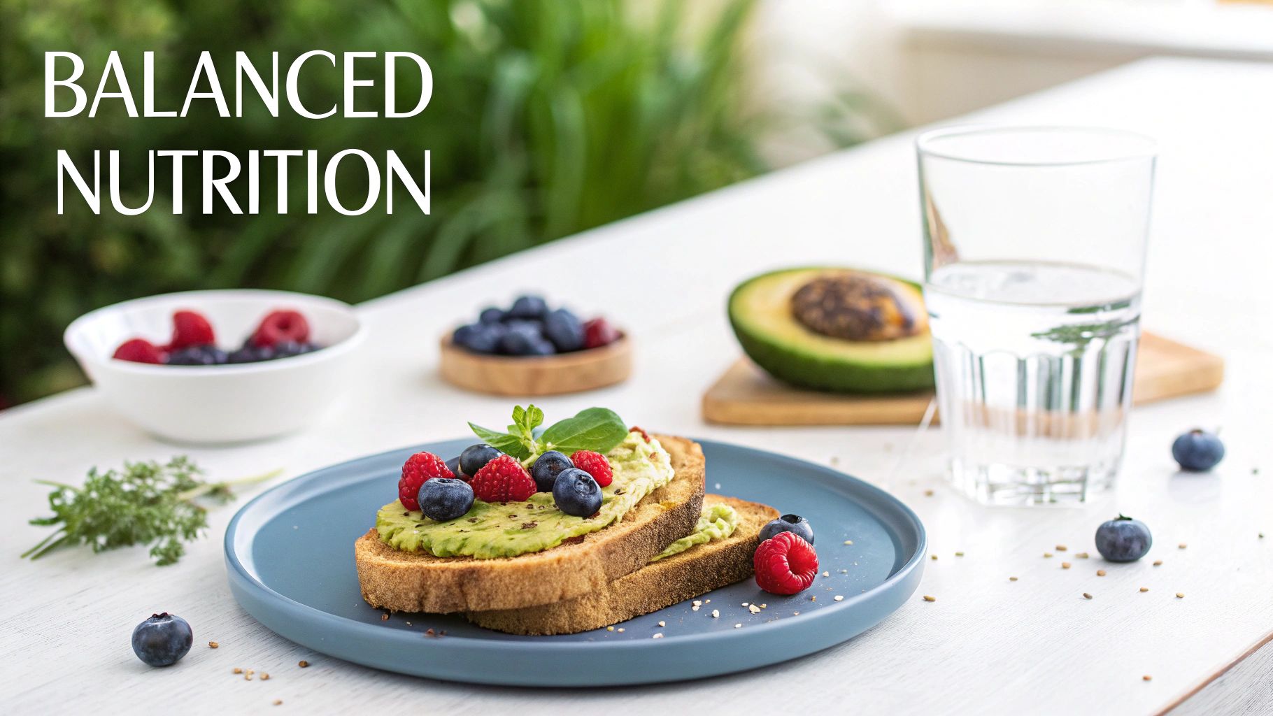 Delicious balanced nutrition meal featuring avocado toast topped with raspberries, blueberries, and fresh mint.