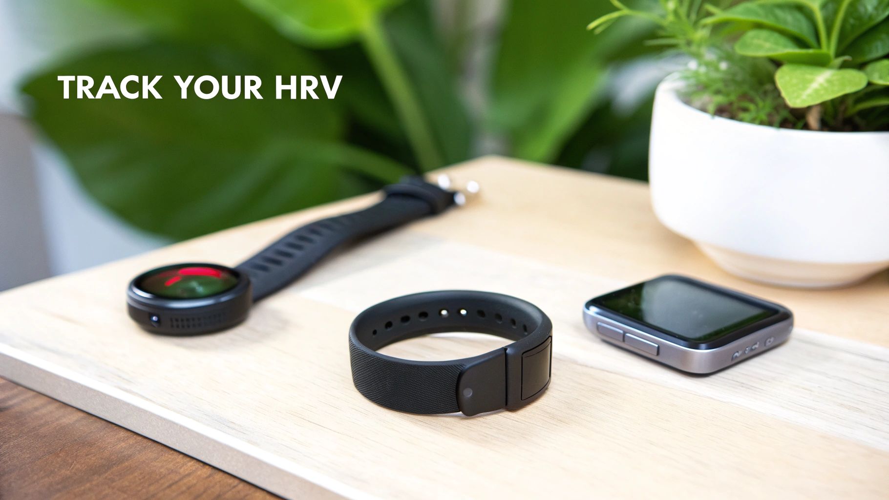 Three wearable fitness trackers and a potted plant on a wooden surface, with text 'TRACK YOUR HRV'.
