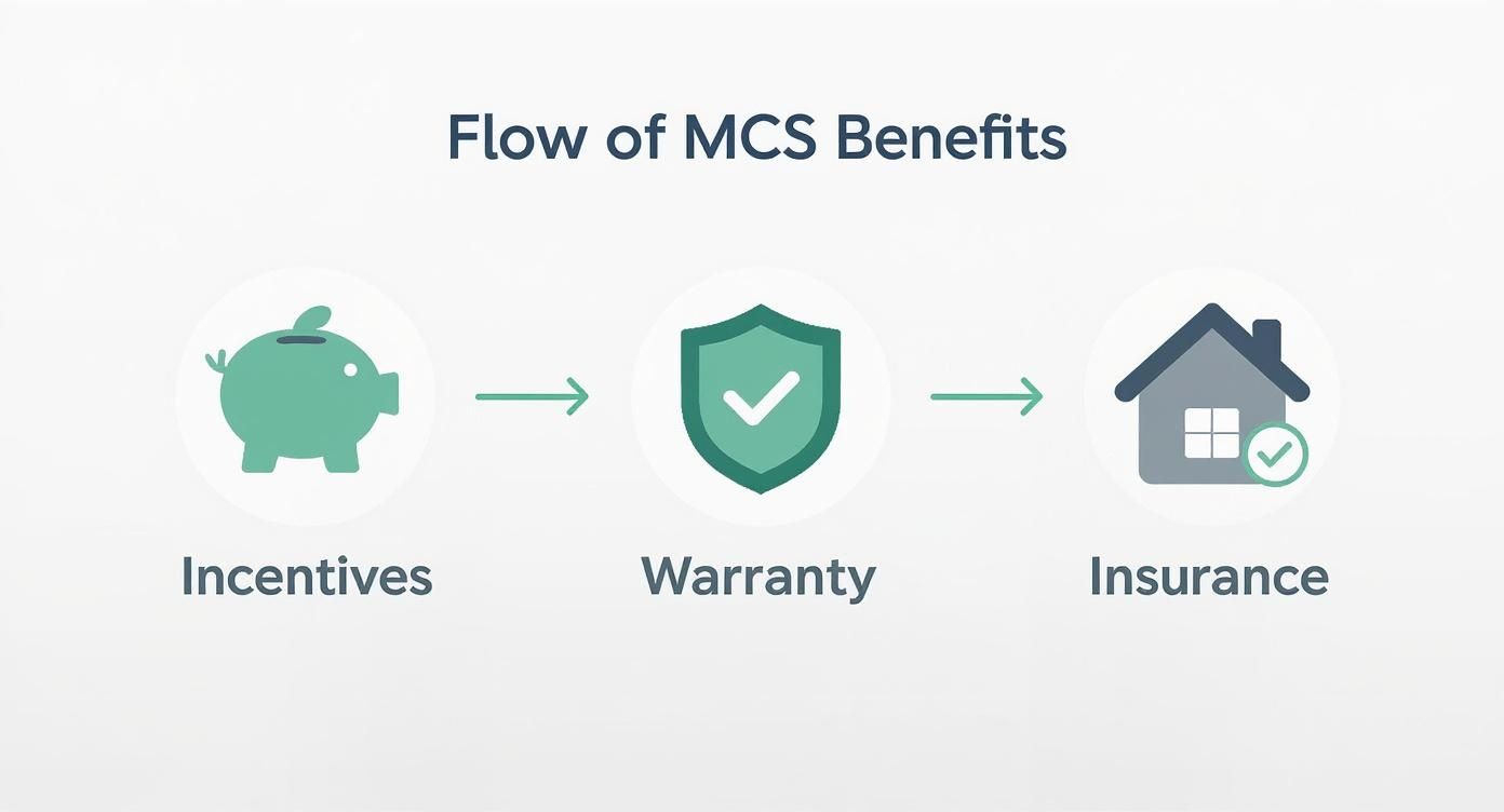 Infographic showing the process flow of MCS benefits from incentives, to warranty, to insurance.