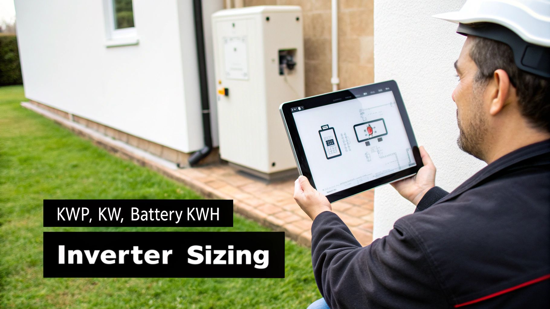 A man in a hard hat reviews an inverter sizing diagram on a tablet next to a house with an outdoor energy unit.