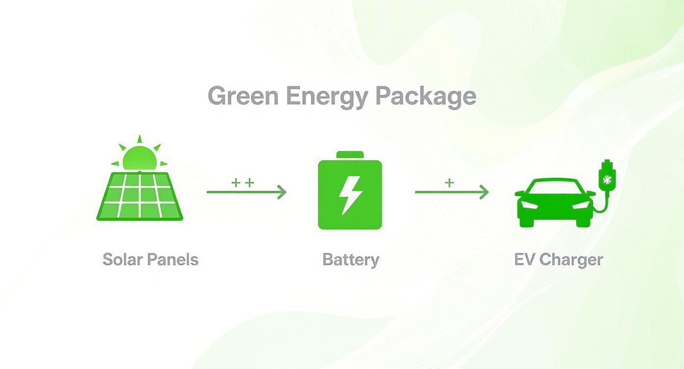 Green energy package diagram showing solar panels connected to battery storage and electric vehicle charger