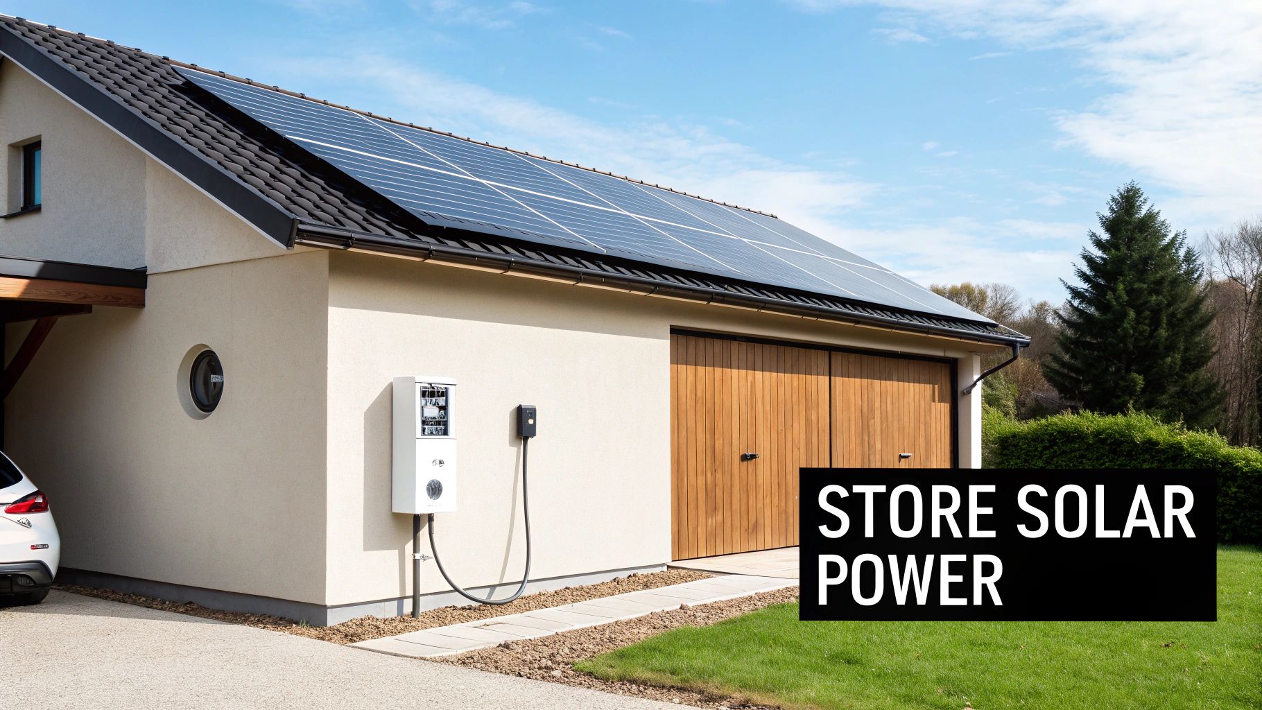 Modern home with rooftop solar panels and battery storage system installed beside garage