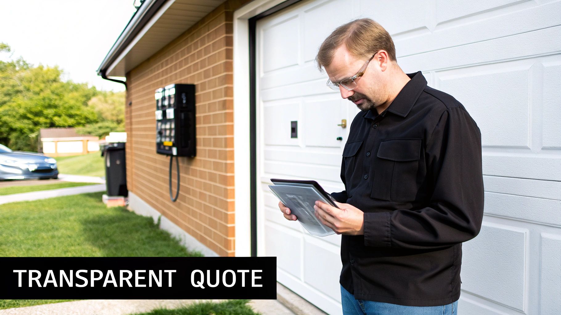 An electrician examining a home's fuse box before an EV charger installation.