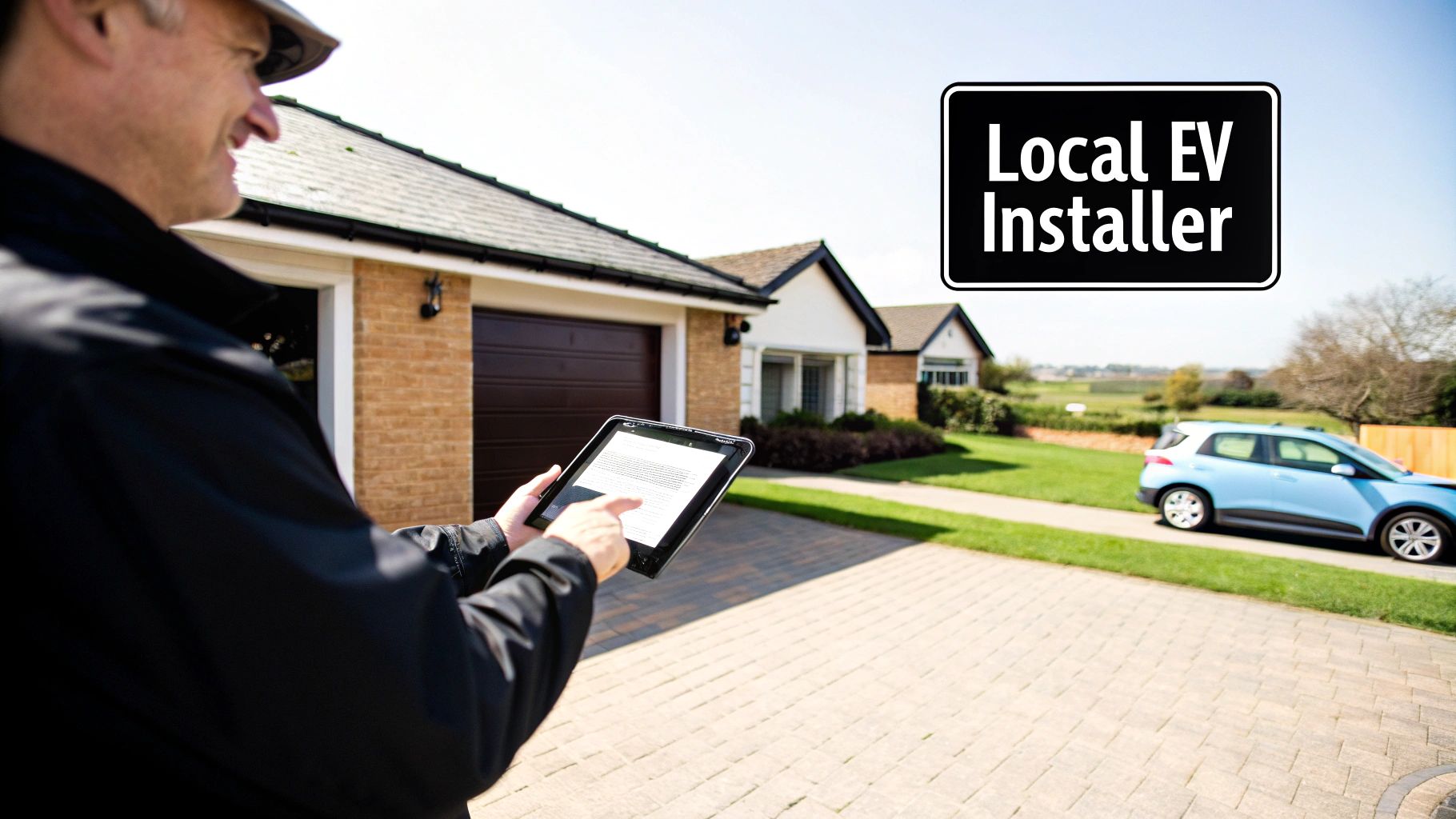 Professional EV charger installer reviewing tablet outside residential home with electric vehicle parked nearby