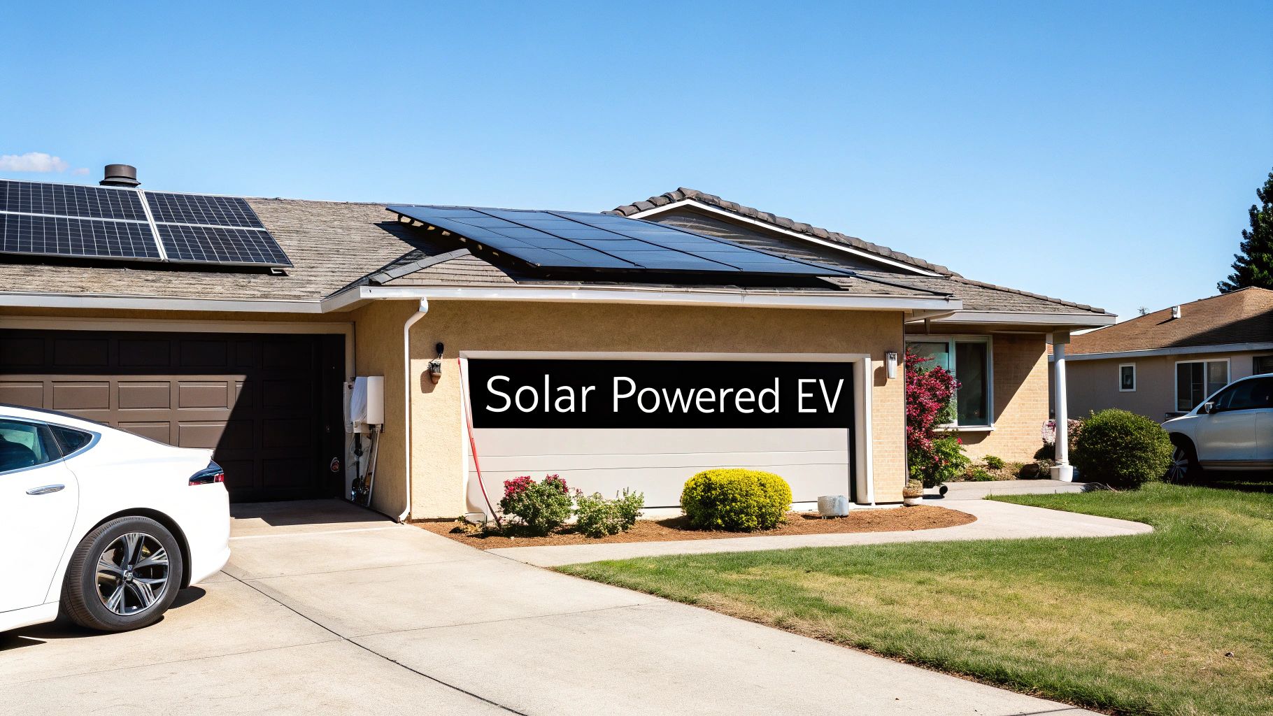 A solar-powered home with an EV charging in the driveway.