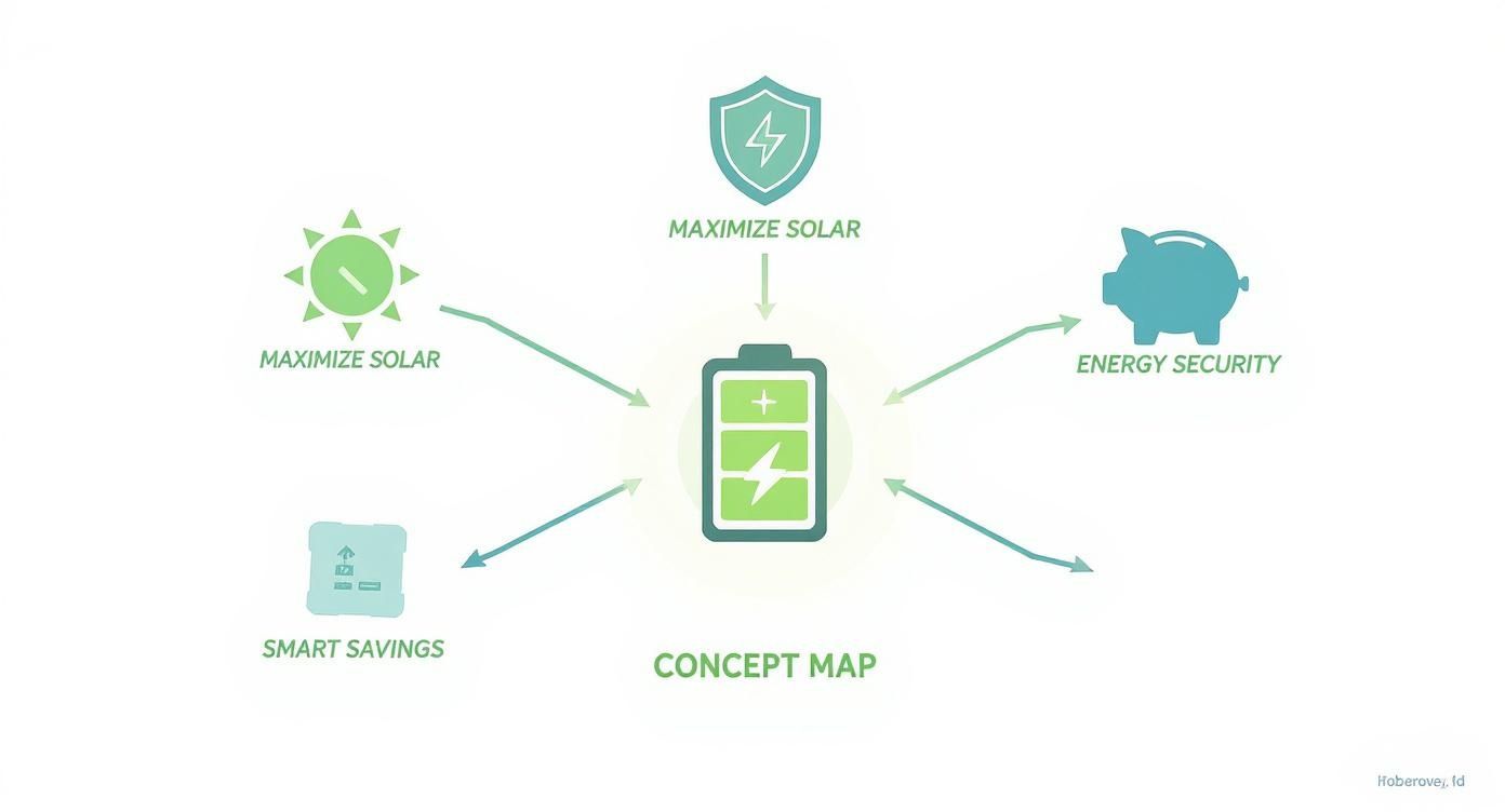 A concept map showing a battery as central to maximizing solar, energy security, and smart savings.