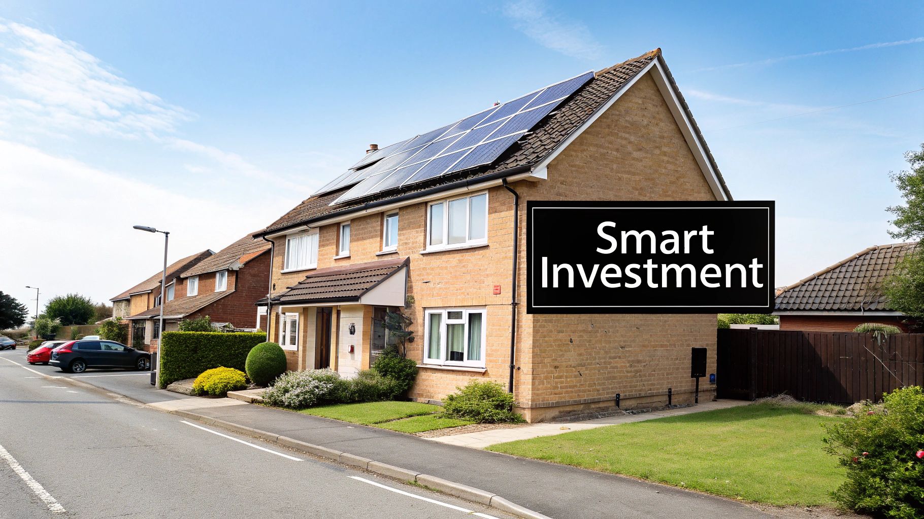 Modern brick house with solar panels on roof labeled smart investment in residential neighborhood