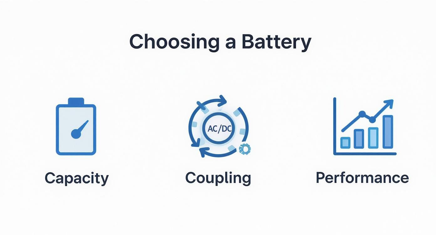 Three blue icons showing battery capacity gauge, AC/DC coupling arrows, and performance growth chart for solar battery selection