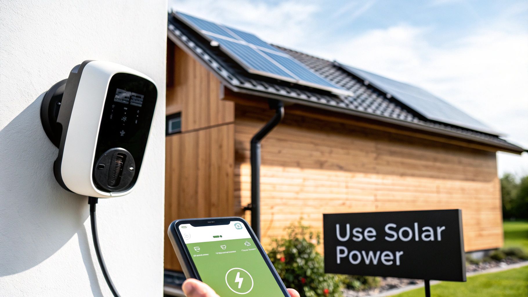 EV charging station mounted on wall with smartphone app and solar panels on house roof