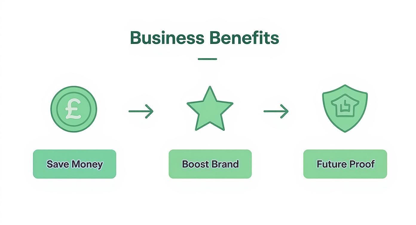 Infographic illustrating three key business benefits: Save Money, Boost Brand, and Future Proof, with relevant icons.