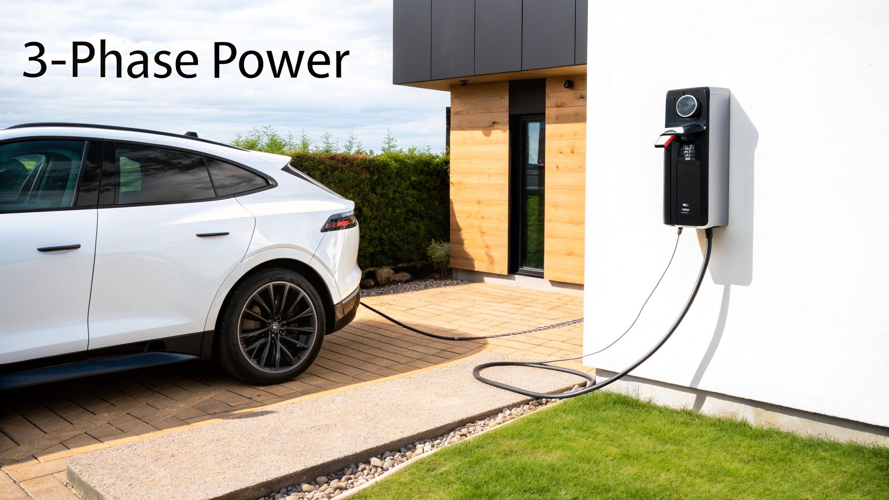 White electric car charging at a home EV station with '3-Phase Power' text.