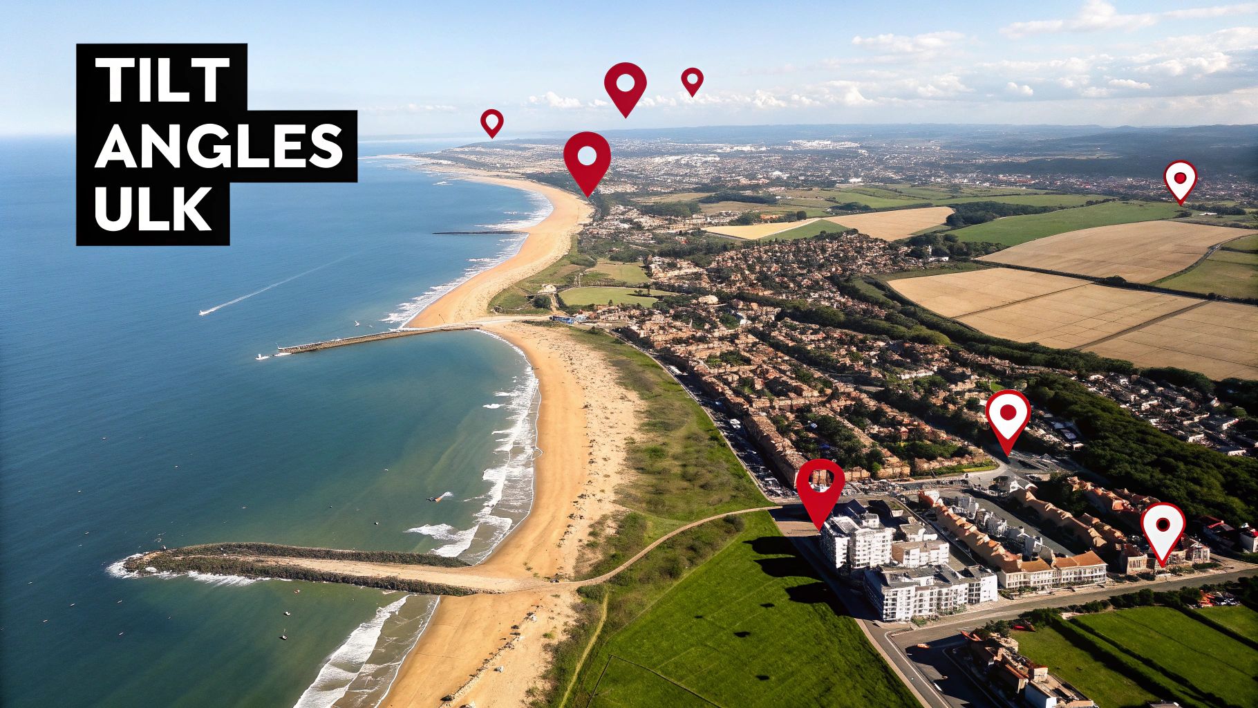 Aerial view of a coastal town with a long sandy beach, ocean, buildings, and fields, marked with red location pins.