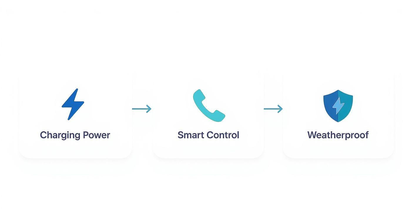 Three-step diagram showing charging power, smart control, and weatherproof features with icons and arrows