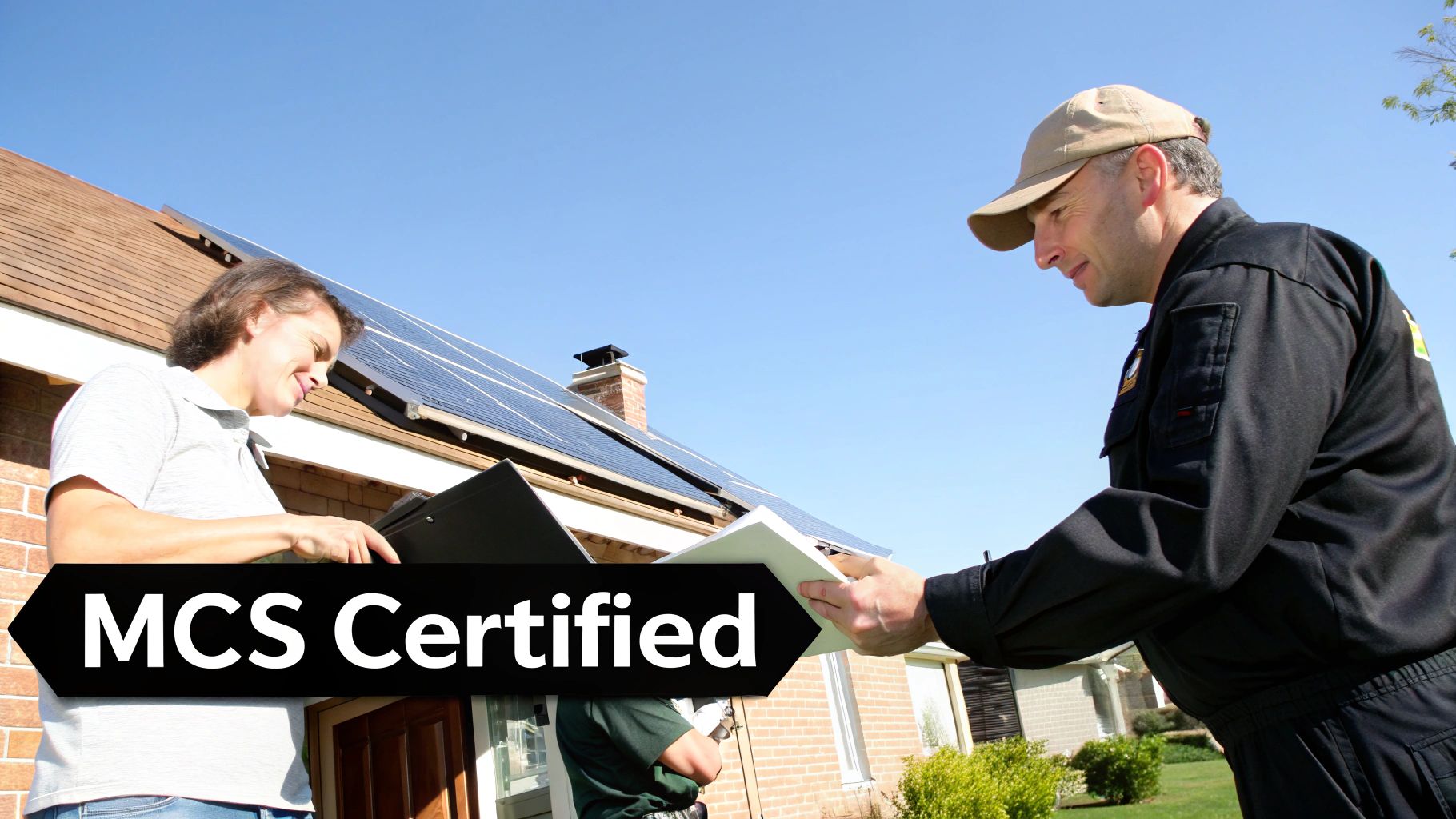 A homeowner looking at newly installed solar panels on their roof.