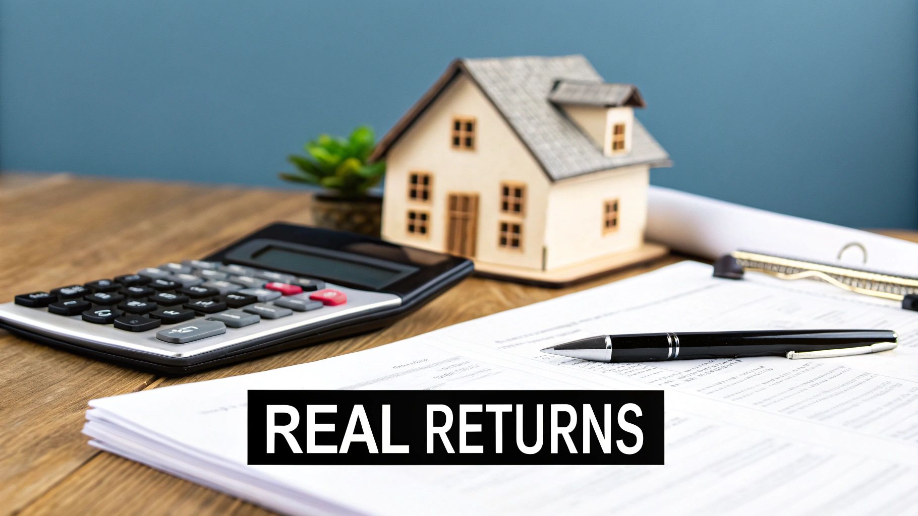 Real estate investment calculator with model house, documents, and pen on wooden desk