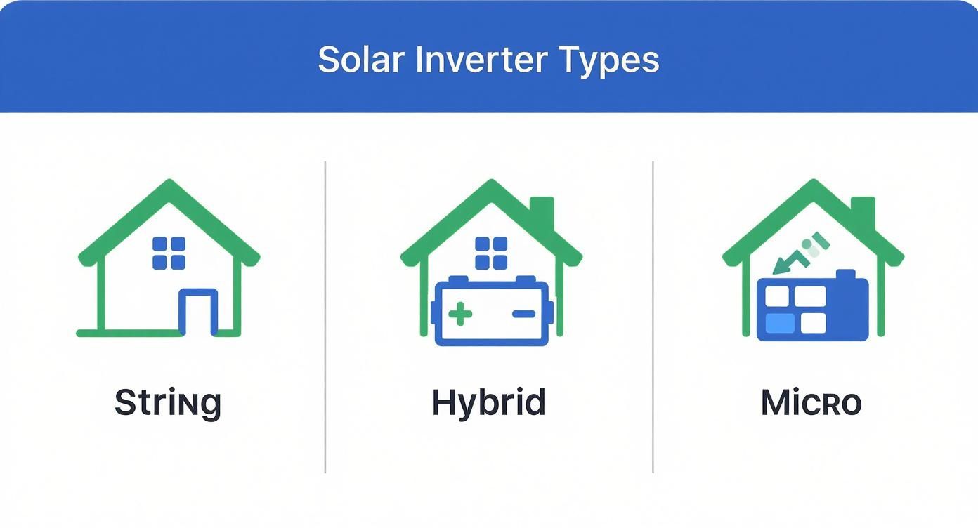 Three distinct icons illustrating different solar inverter types: String, Hybrid, and Micro, for solar energy systems.