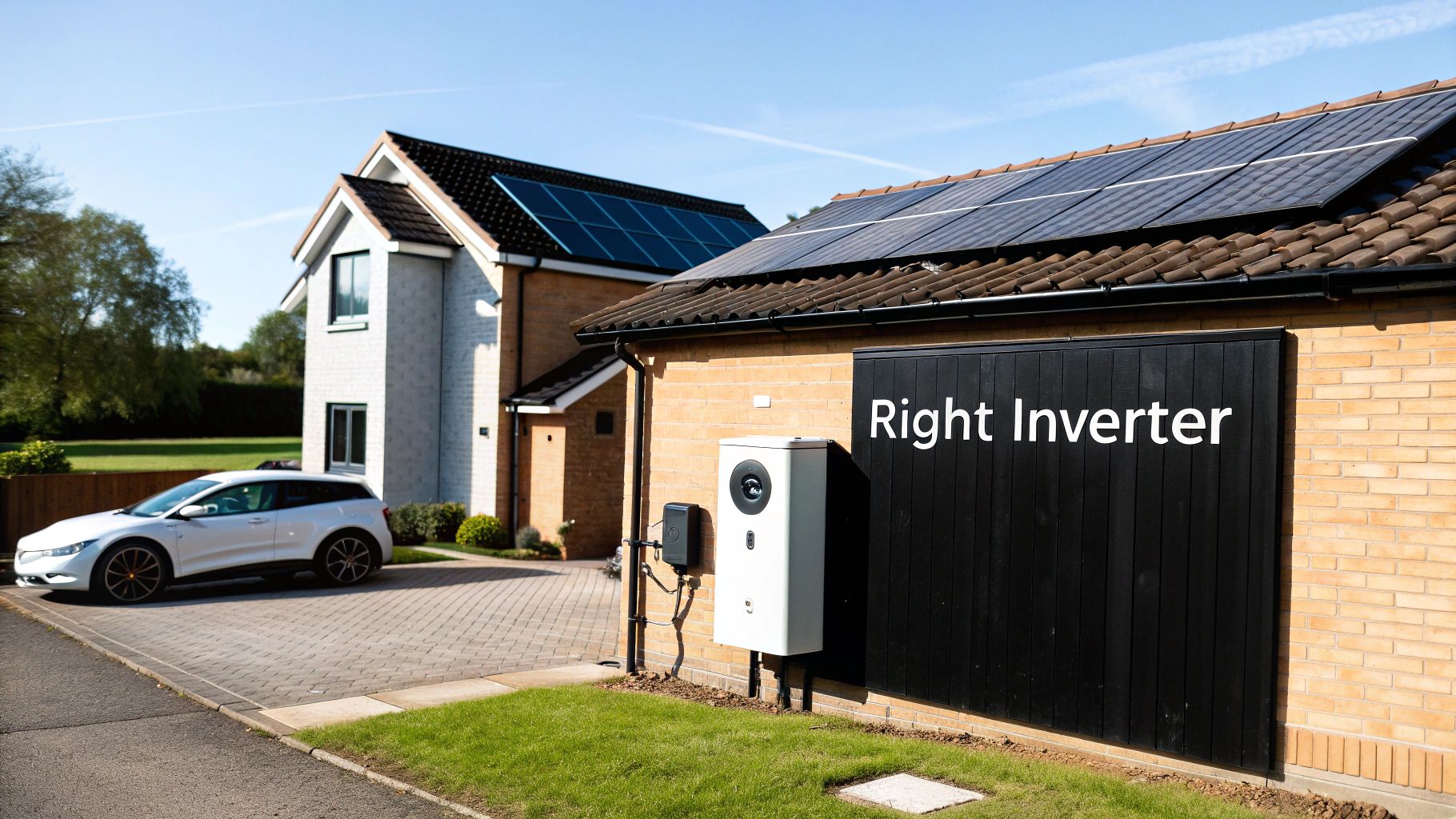 A modern home with rooftop solar panels, an electric car, and a 'Right Inverter' unit on the garage.