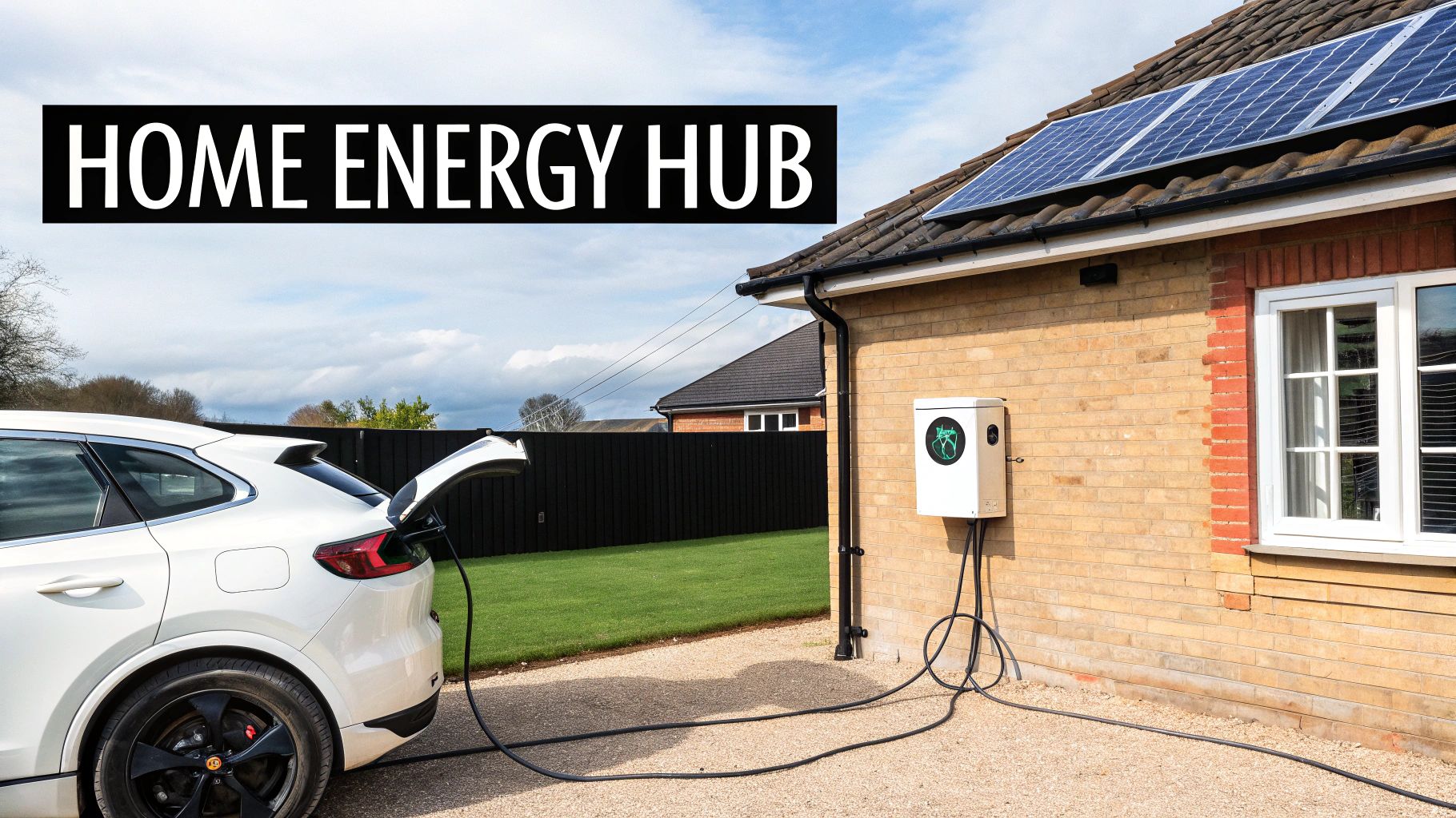 A modern home with solar panels, a battery storage unit, and an EV charger, illustrating a complete energy ecosystem.
