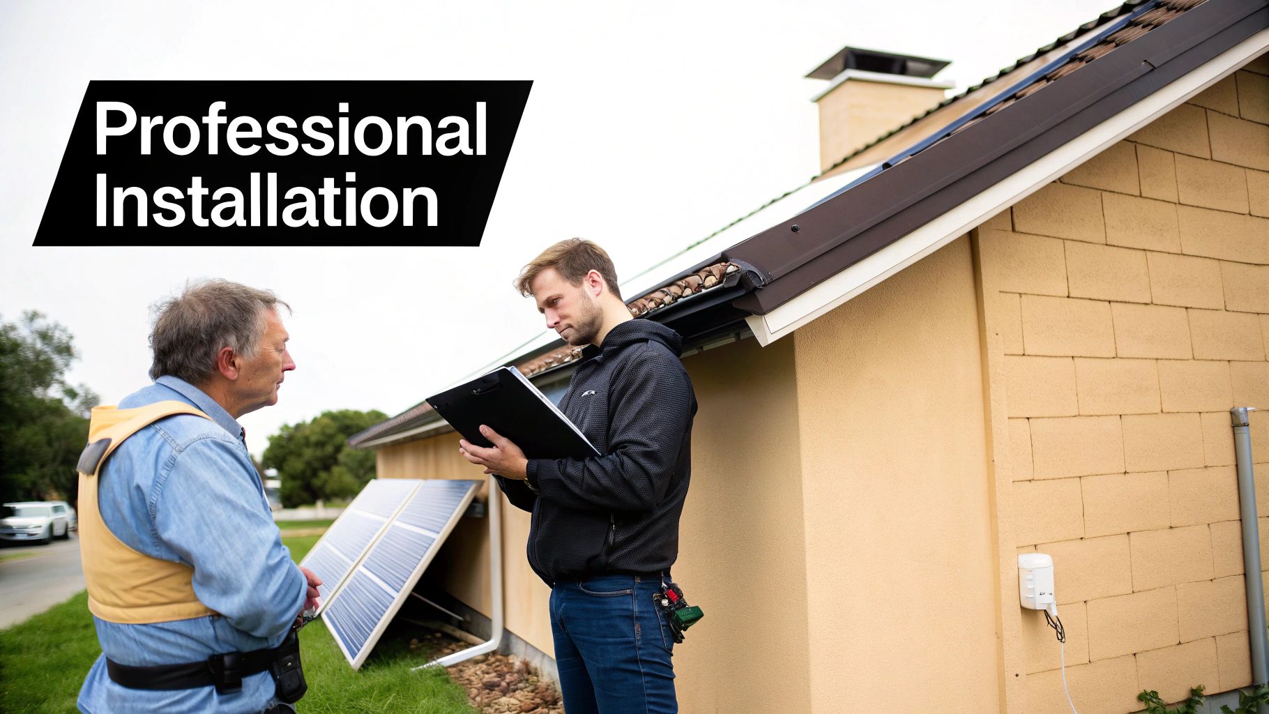 Professional solar panel installation technician consulting with homeowner about battery storage system for residential property
