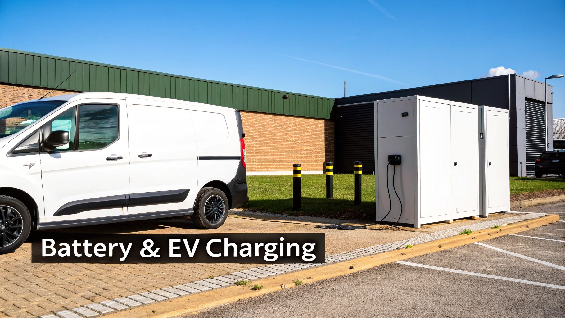 A white electric delivery van is charging at multiple battery storage and EV charging stations.