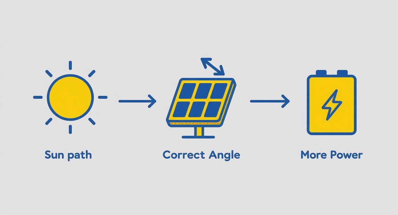 Diagram illustrating how adjusting a solar panel's angle to the sun's path generates more power.