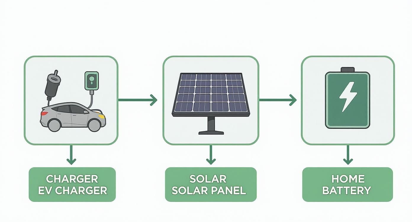 Energy flow diagram showing EV charger, solar panel, and home battery storage system connection