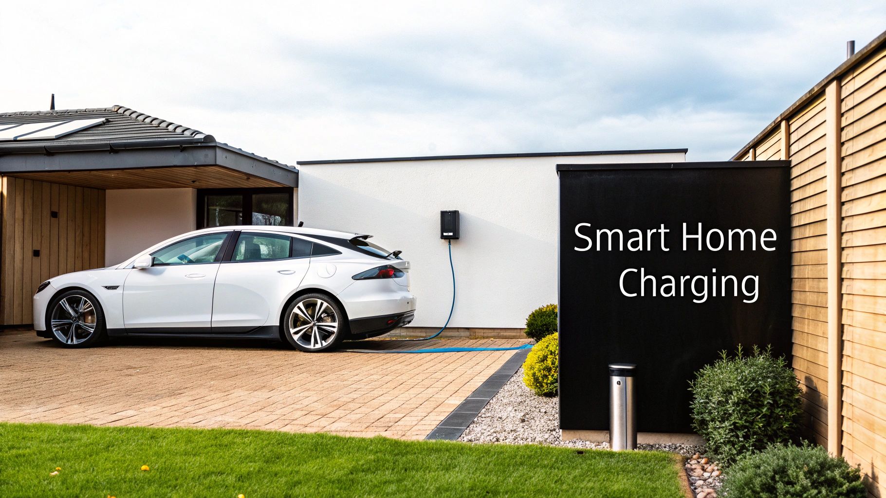 White electric vehicle charging at modern home driveway with smart charging station
