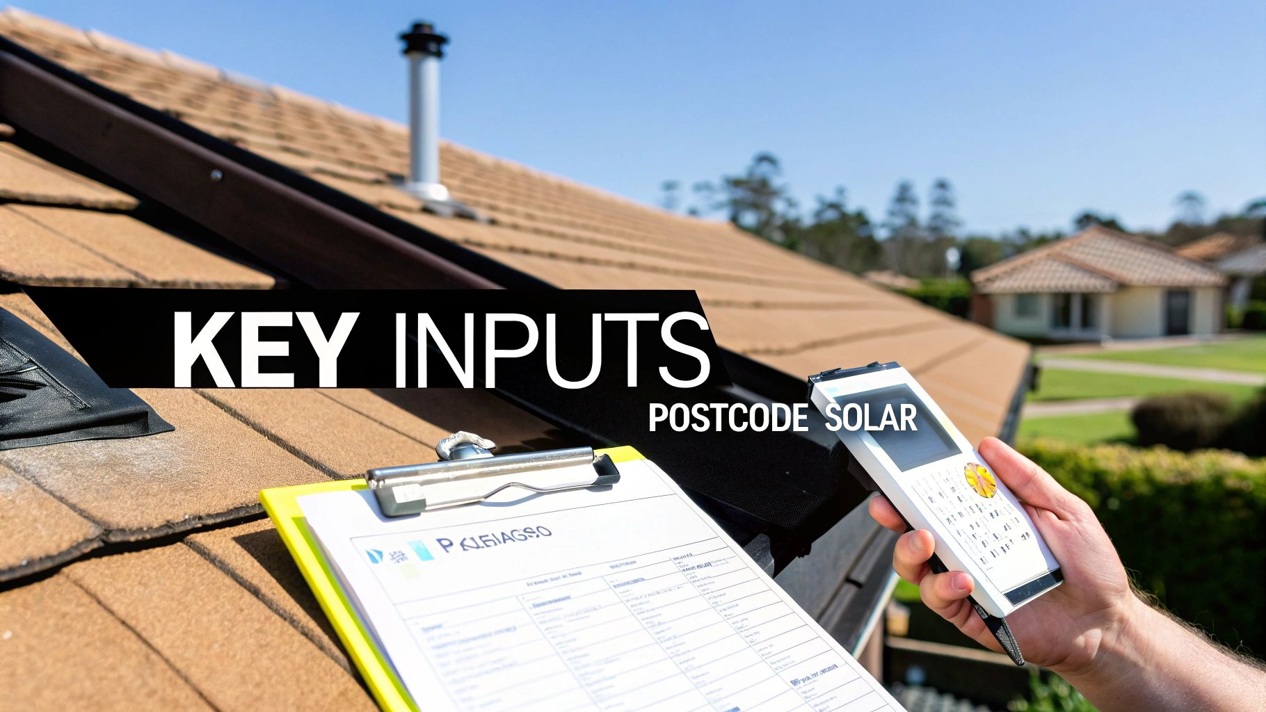 A person using a laptop to access a solar panel calculator online, with their home visible in the background.