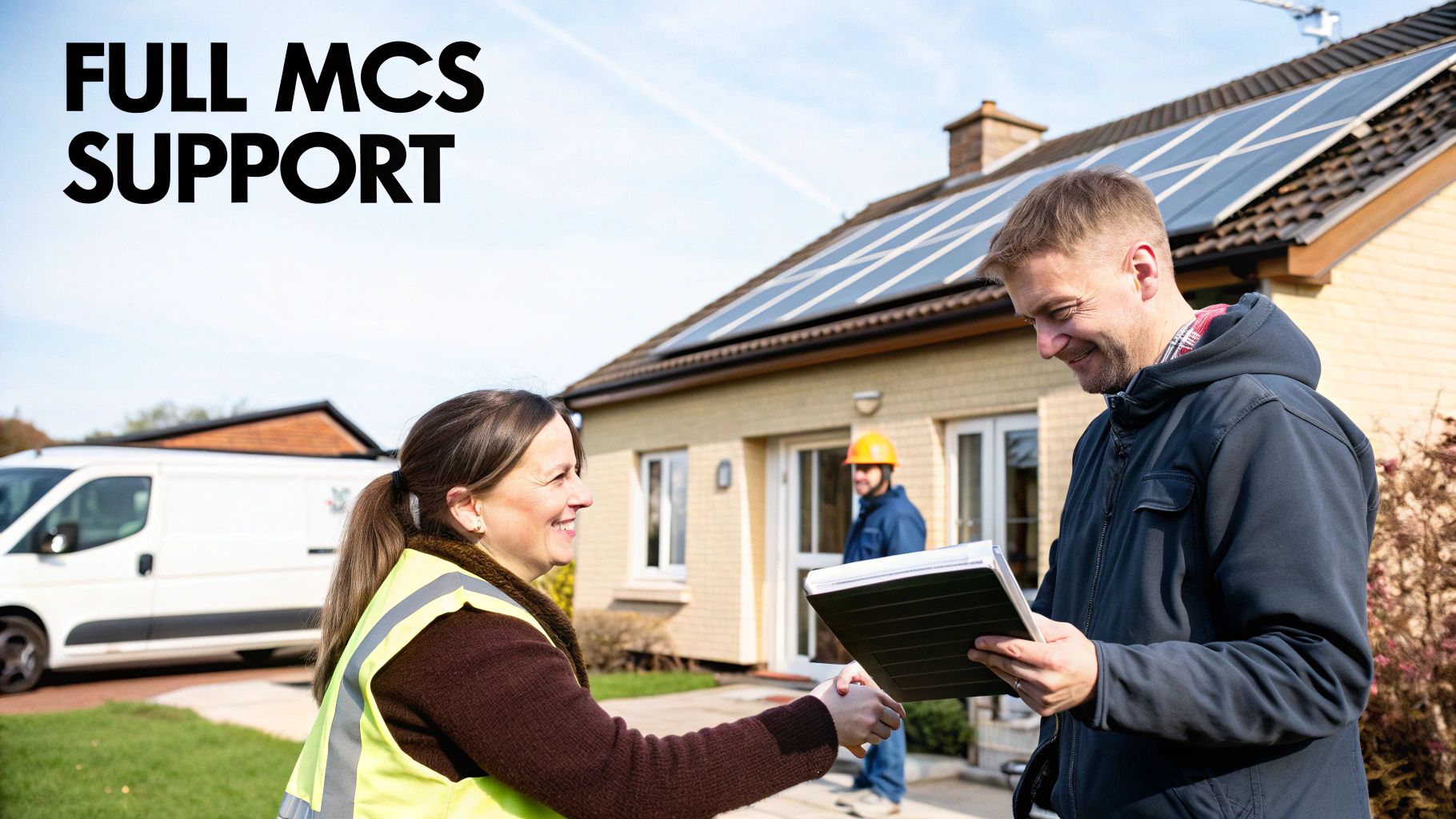 A Wing Energy engineer showing a homeowner the final MCS certificate on a tablet, with newly installed solar panels in the background.