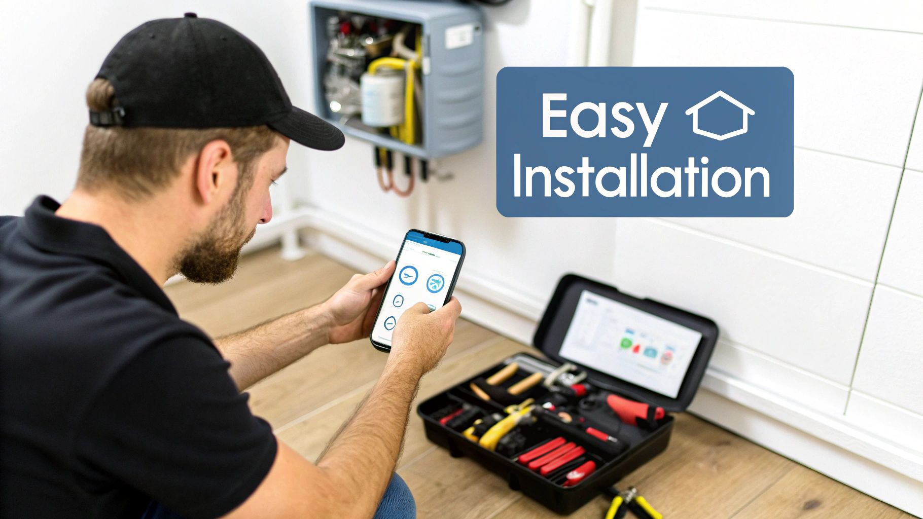 An installer working on a home battery storage system in a modern utility room
