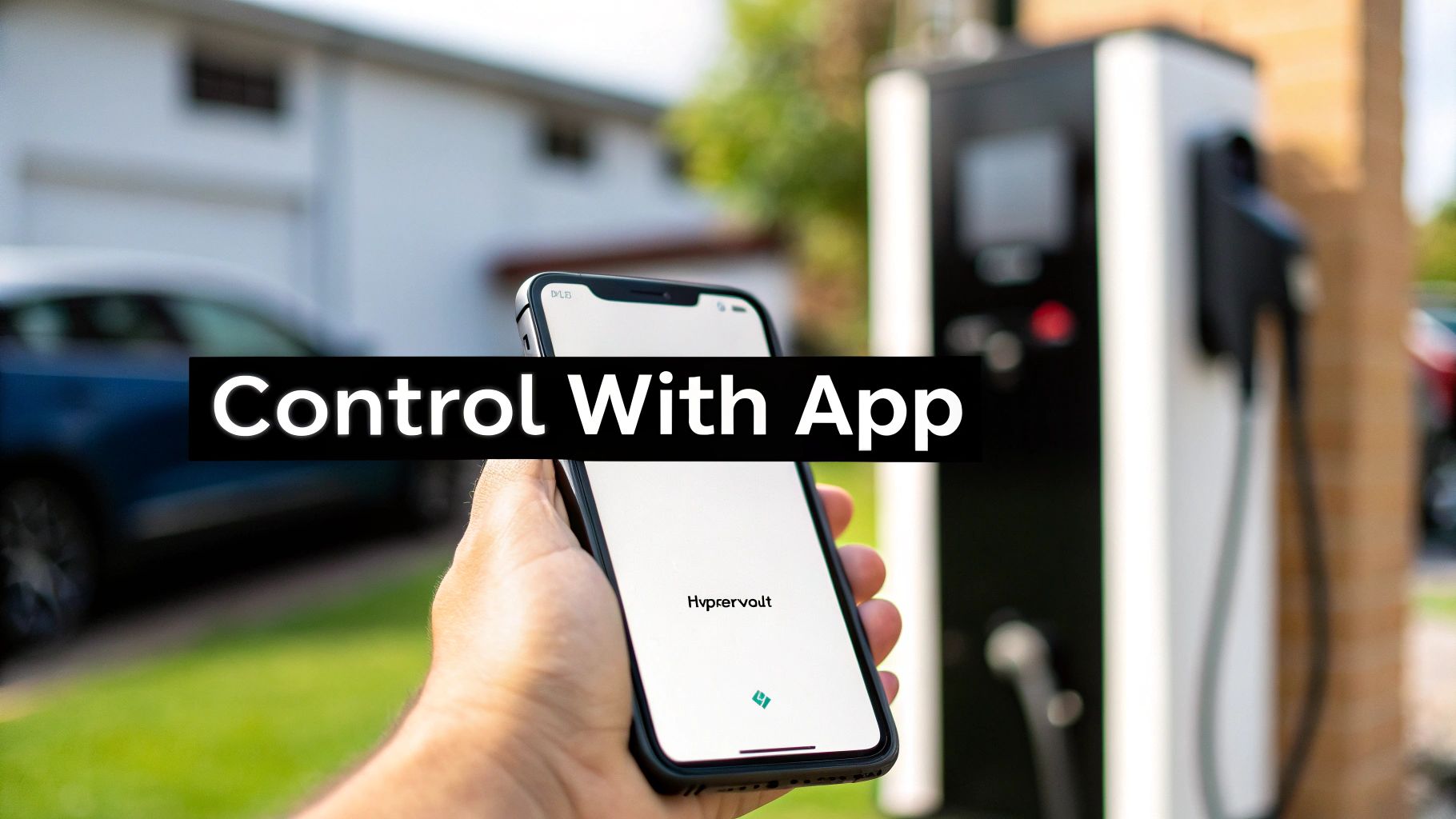 Hand holding smartphone displaying Hypervolt app to control electric vehicle home charging station