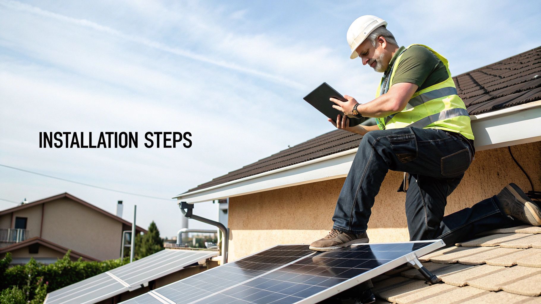 Solar panel installation in progress on a residential roof