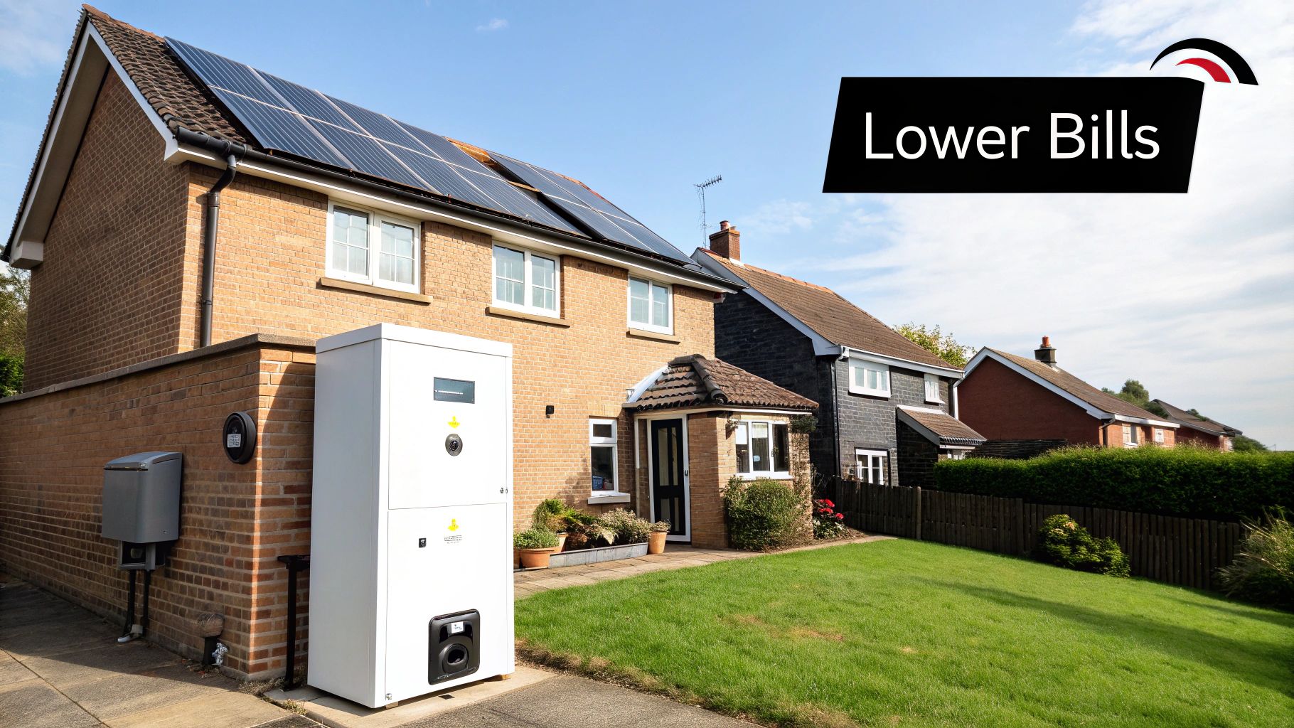 A smiling family in front of their home with solar panels, representing the benefits of a hybrid solar inverter.