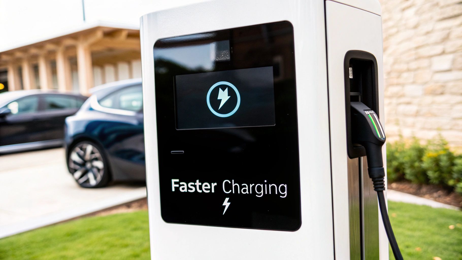 Modern electric vehicle charging station with 'Faster Charging' display and a connected cable.