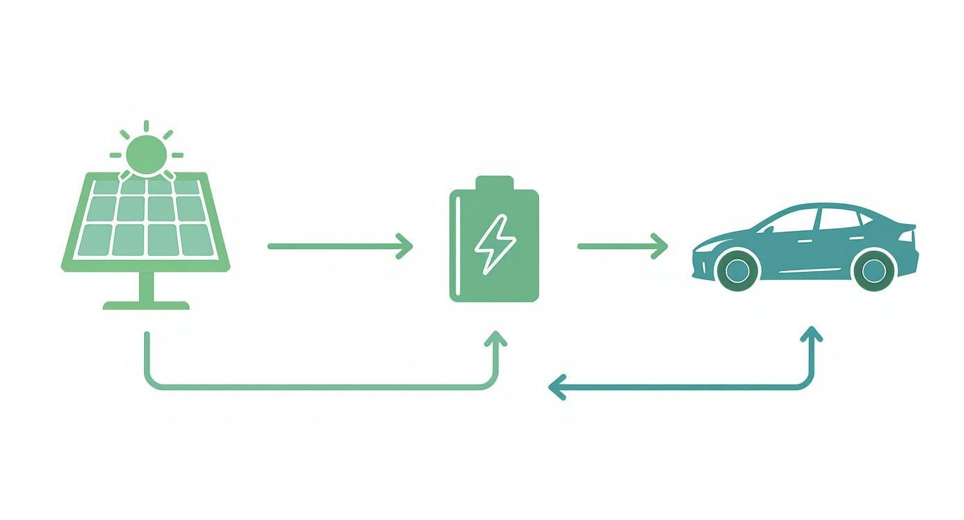 Illustration of a solar power system charging an electric vehicle via a battery.