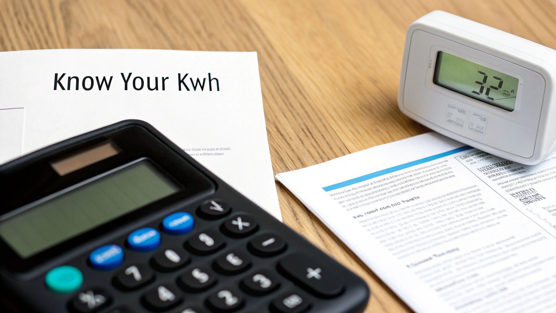 An energy bill with a magnifying glass over the kilowatt-hour (kWh) usage section.