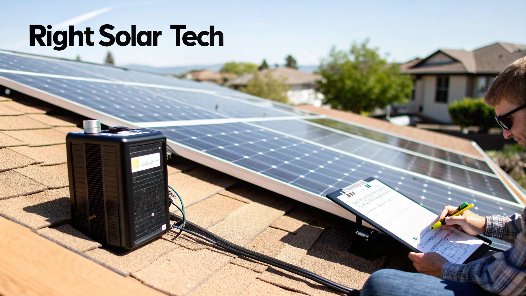 A technician inspects solar panels and equipment on a sunny rooftop, taking notes.