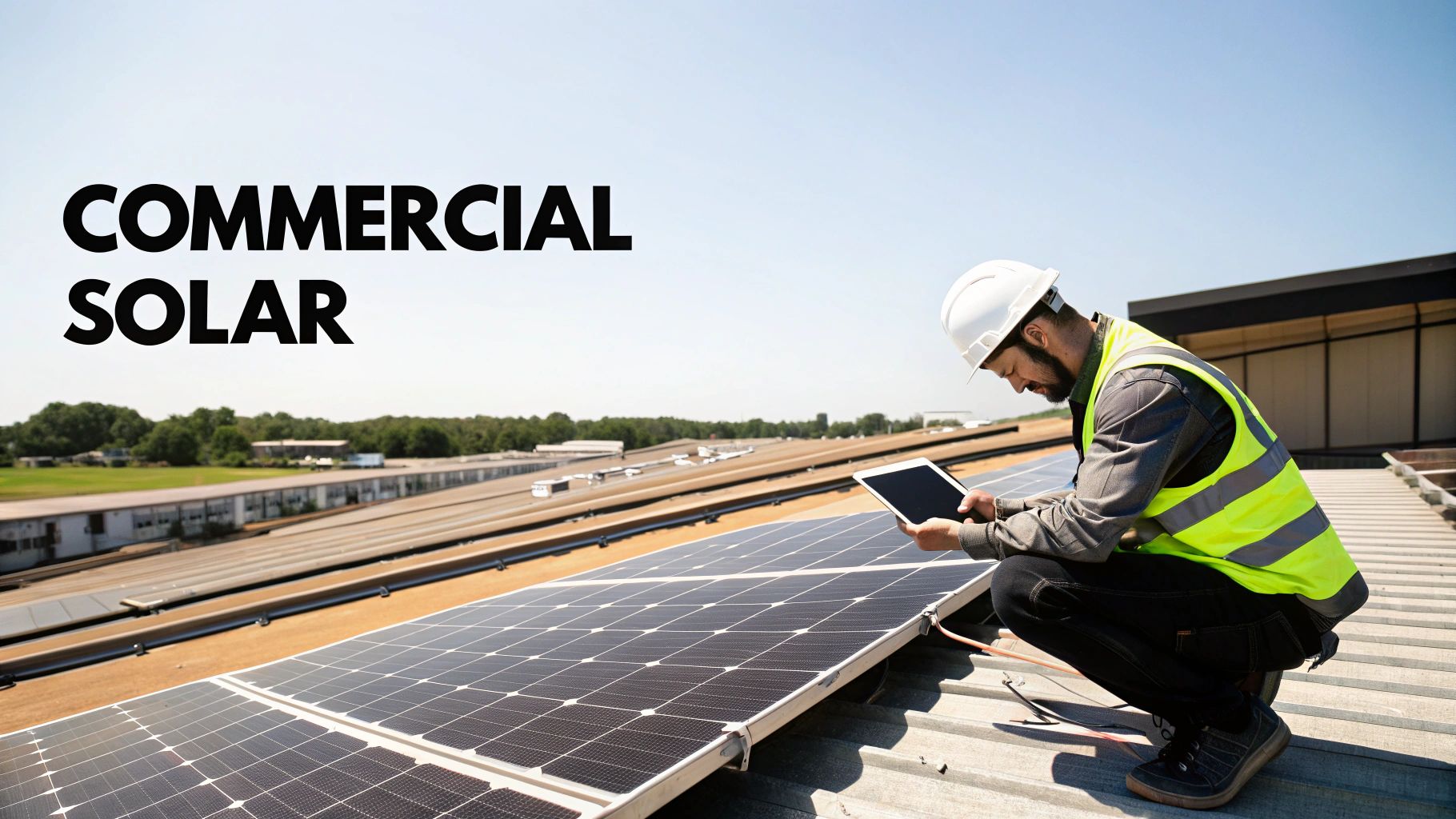 An engineer in a hard hat inspects commercial solar panels on a rooftop, holding a tablet.