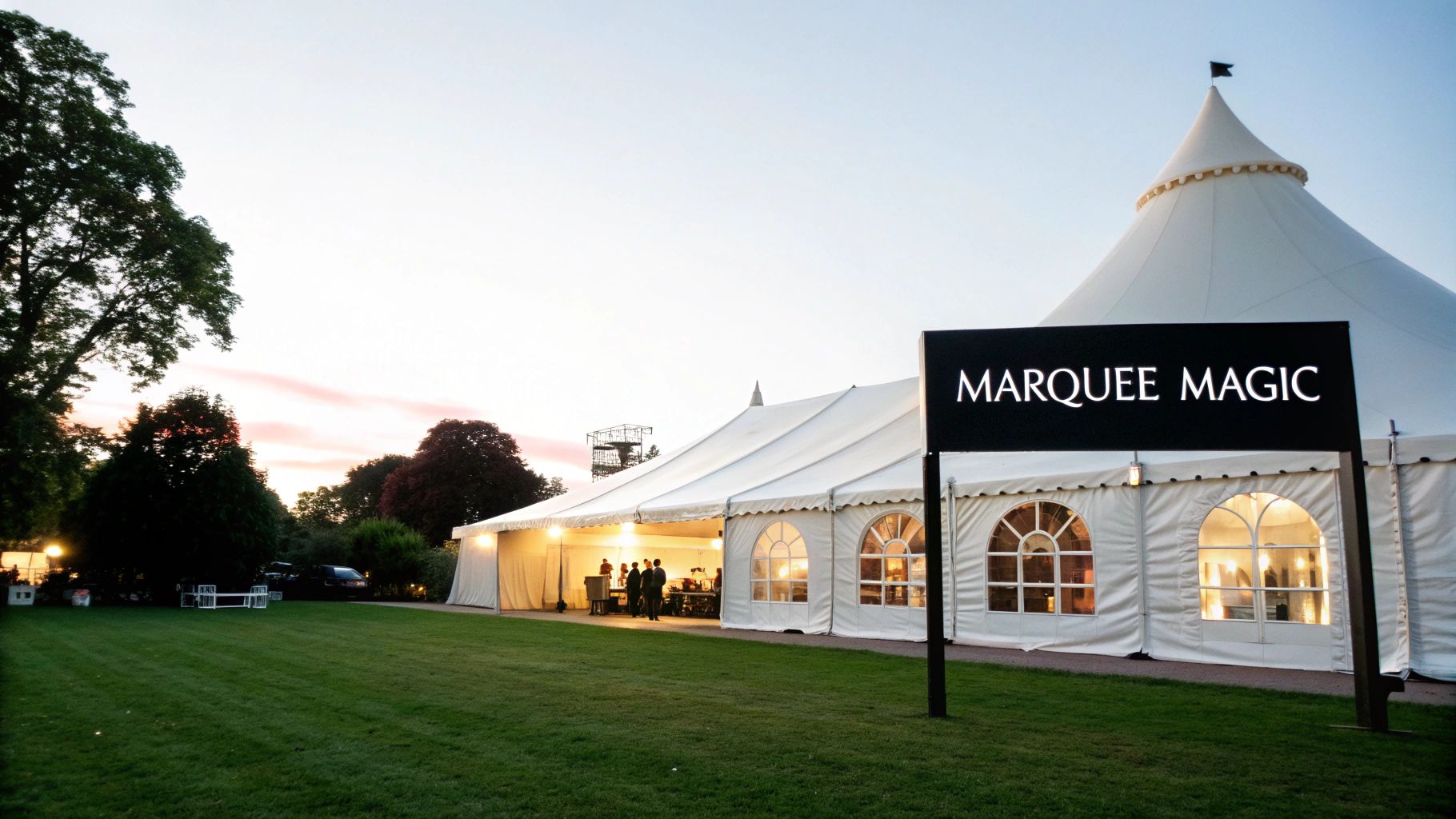 A large white 'Marquee Magic' event tent on a green lawn during golden hour.