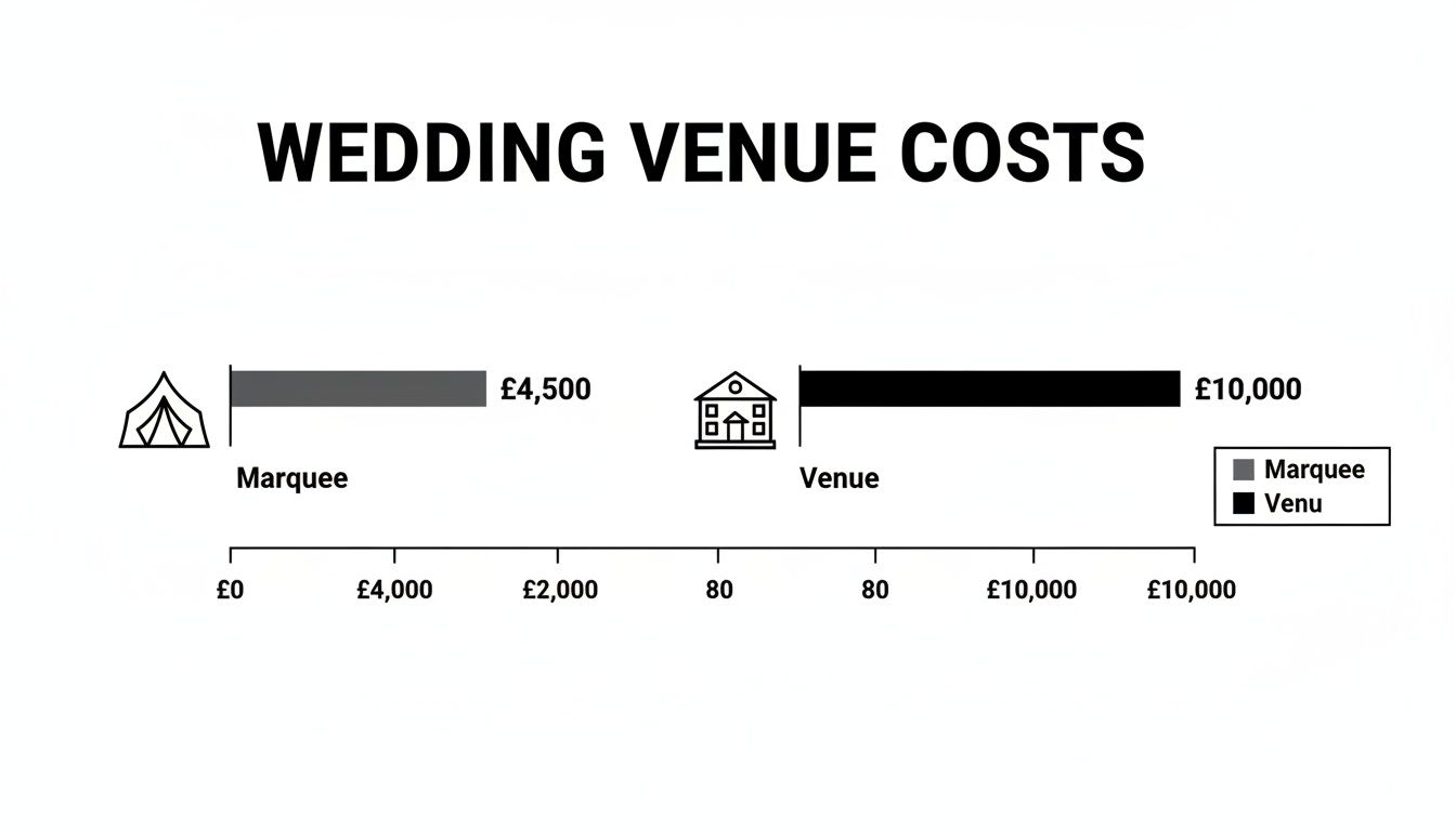 Bar chart comparing wedding venue costs: Marquee at &pound;4,500 versus Venue at &pound;10,000.