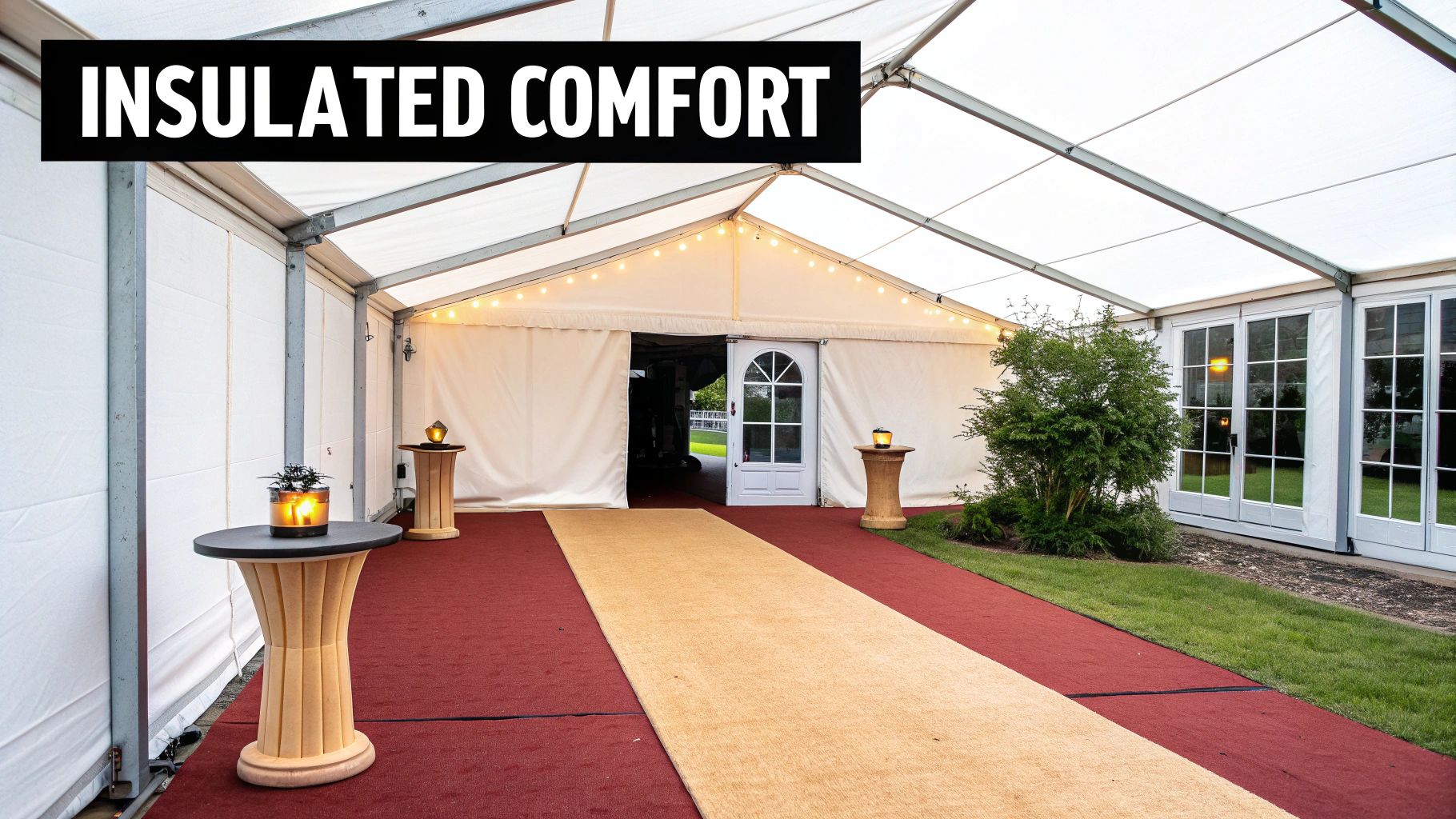 Spacious, insulated marquee interior featuring red carpet, ambient lighting, and elegant decor for comfort.