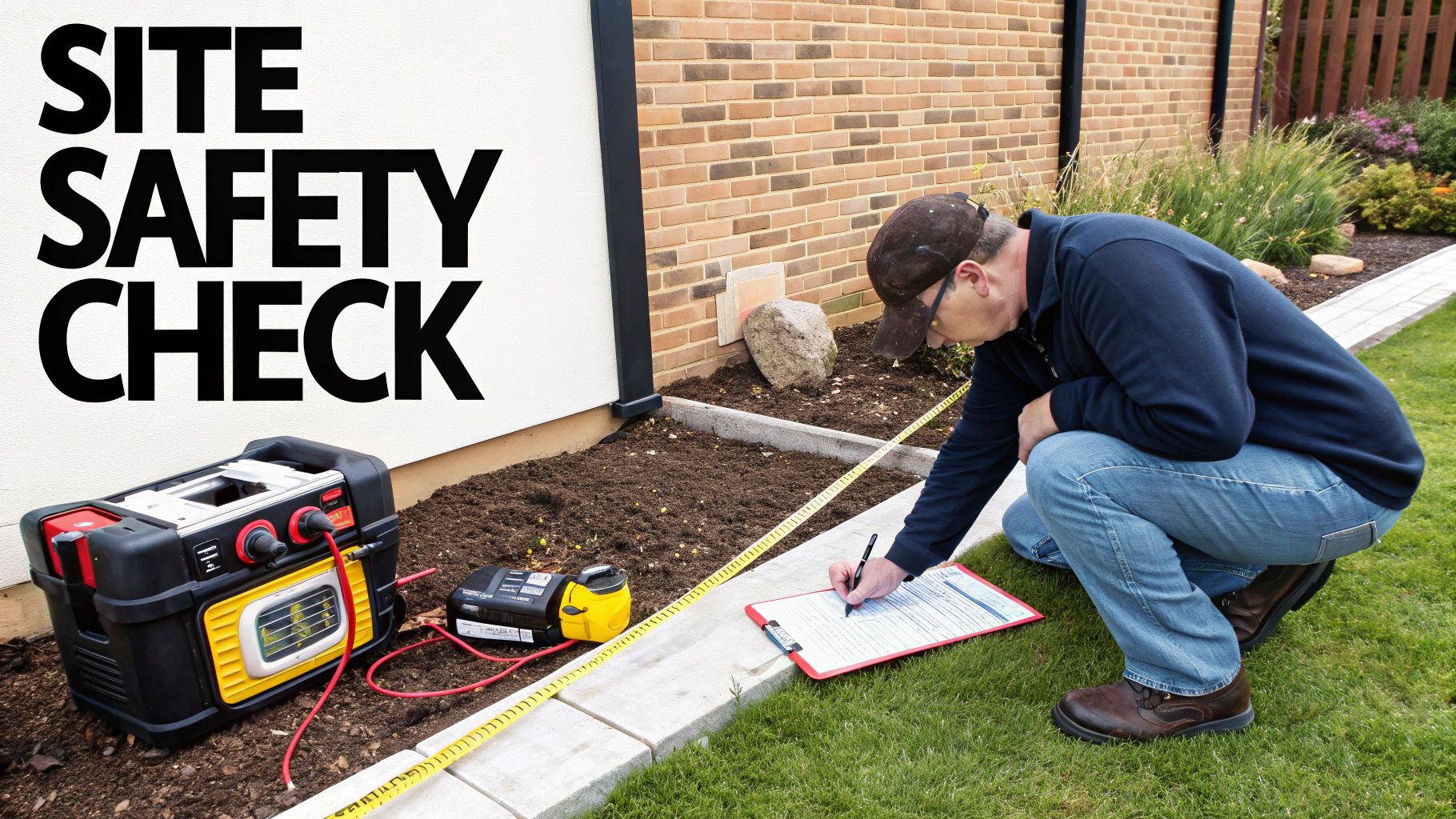 A man performs a site safety check, writing on a clipboard with measurement tools nearby.