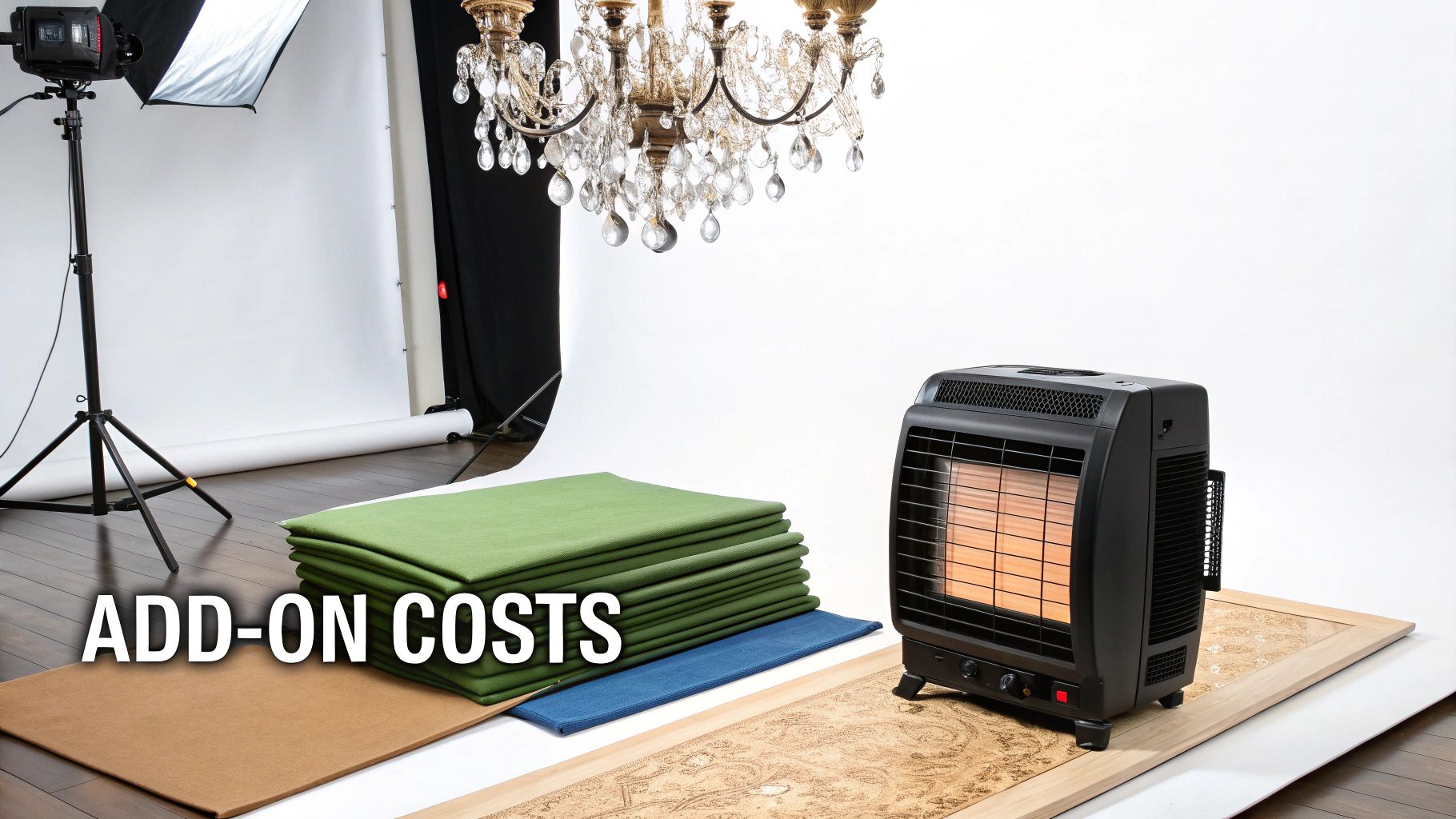 A photo studio with a lighting setup, chandelier, fabrics, heater, and rug, featuring 'ADD-ON COSTS' text.