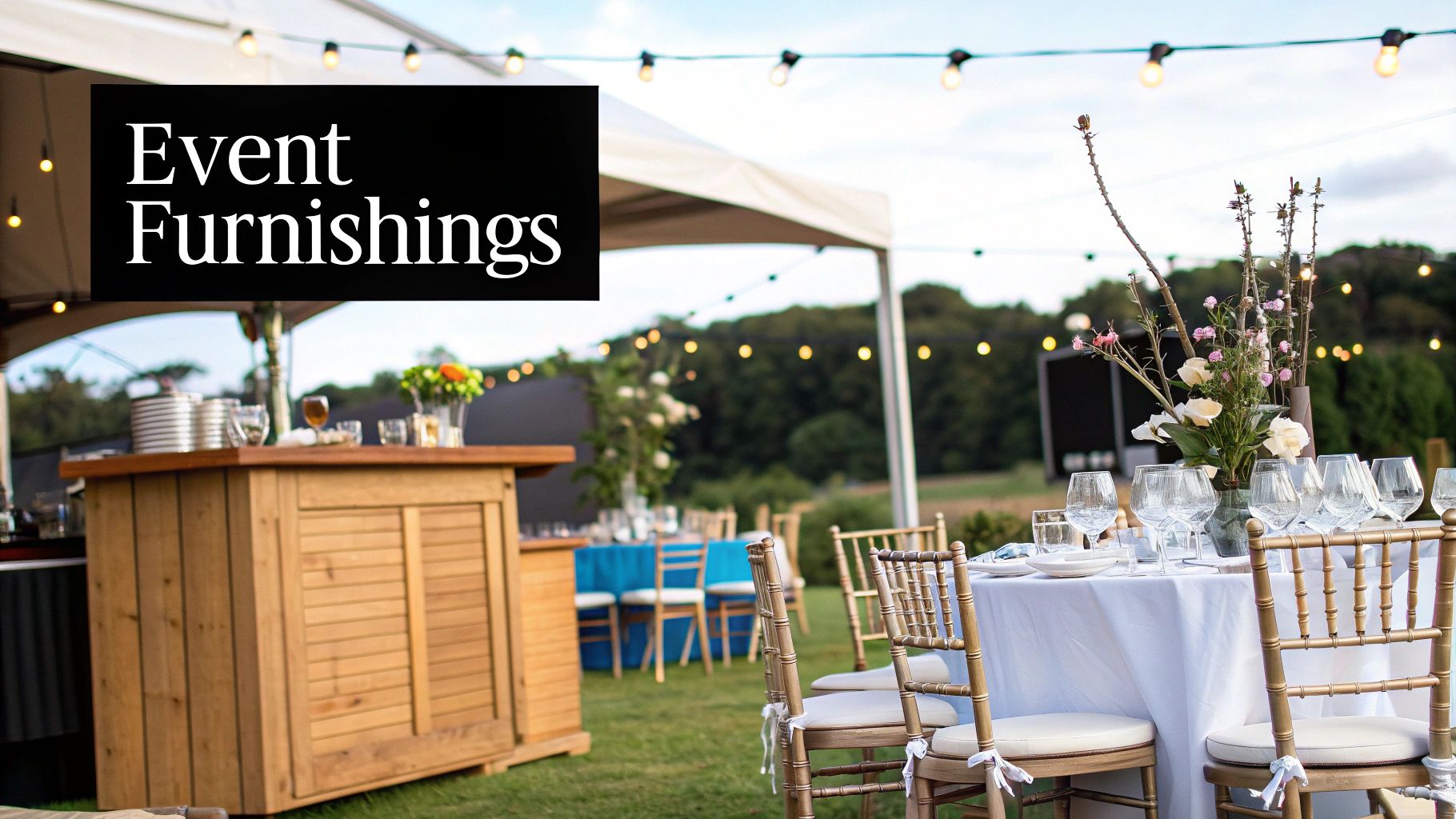 Outdoor event setup with a wooden bar, elegantly set dining tables, gold chairs, and string lights.